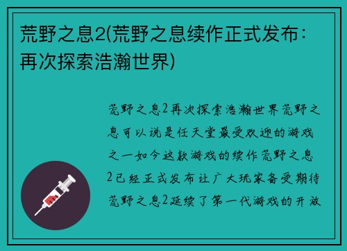 荒野之息2(荒野之息续作正式发布：再次探索浩瀚世界)
